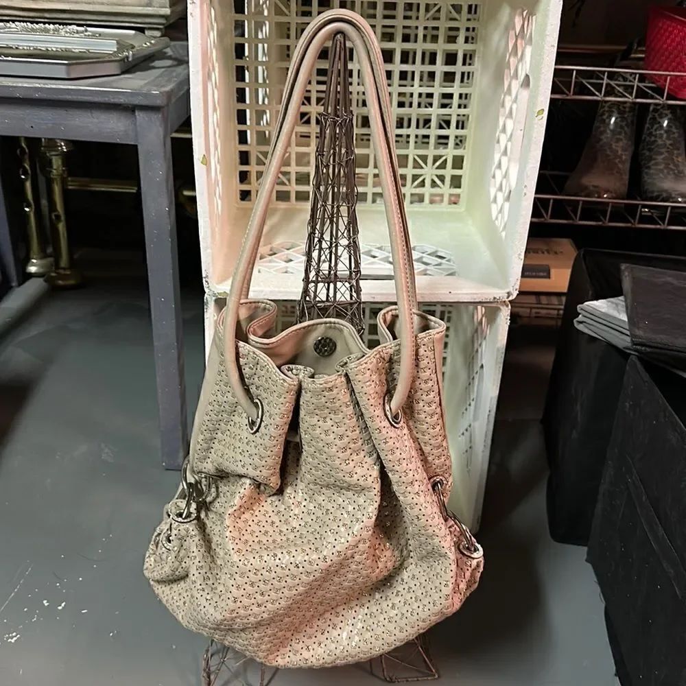 Taupe City Life NYC Leather Glitter Bucket Bag